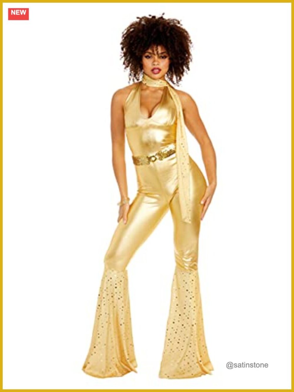 Women's 70s Disco Jumpsuit Costume with Bell Bottoms & Scarf